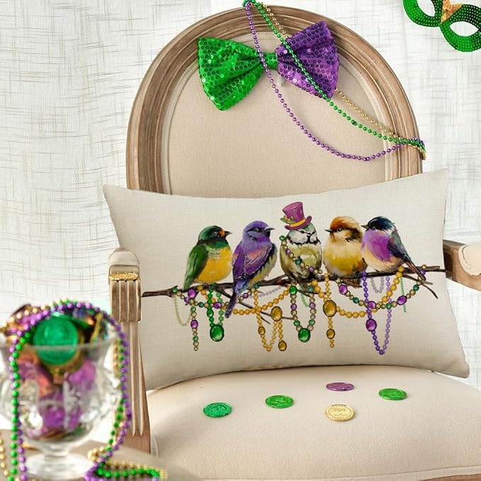 RABUSOFA Mardi Gras Pillow Cover 12x20 Inch Birds Beads Decorative Pillow Case Holiday Decorations for Home Sofa Couch