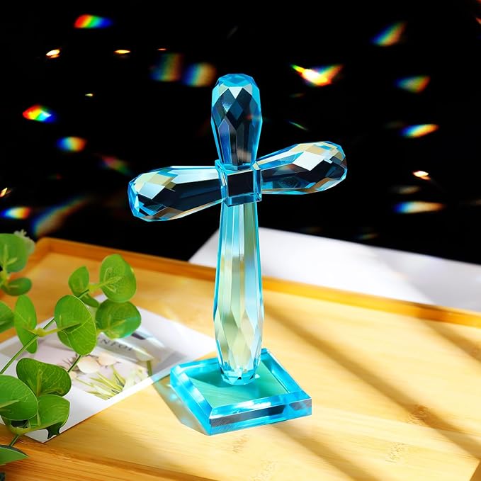 YWHL Handmade Crystal Holy Cross Decor, Religious Gifts for Women Men, Easter Pary Decor, Glass Art Collectible Figurines for Home Table (Lake Blue)