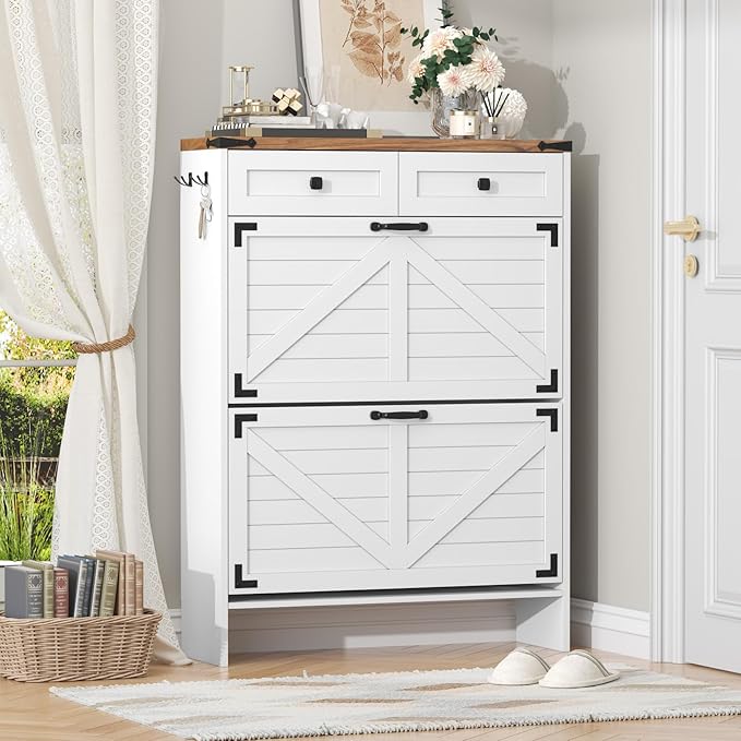 Shoe Cabinet with 2 Flip Drawers, Hidden Shoe Storage Cabinet with 2 Pull-Out Drawers, Farmhouse Shoe Organizer for Entryway, Narrow Shoe Rack for Front Door Entrance, White