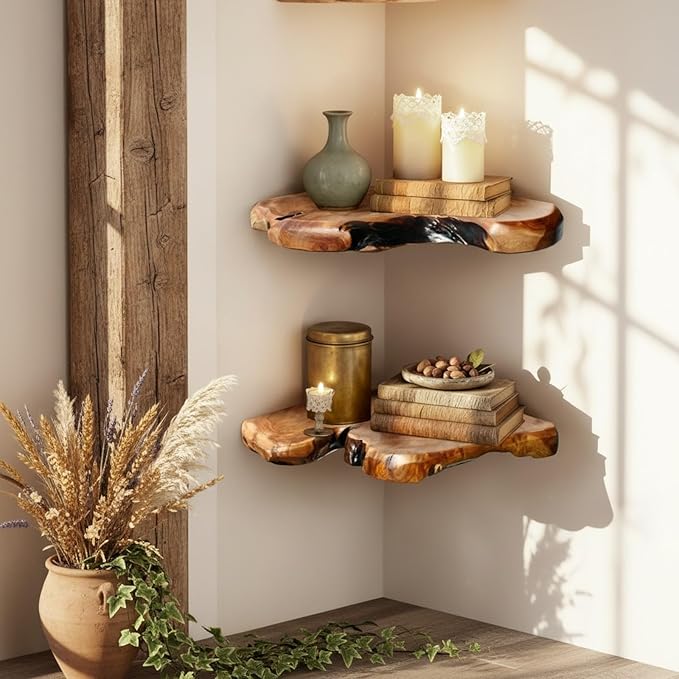 WELLAND Floating Corner Shelf Set of 2 Wall Mounted, 10.86 x 11.5 Inches for Living Room, Bedroom Bathroom, Rustic Space-Saving Corner Storage Shelf for Home Decor and Organization