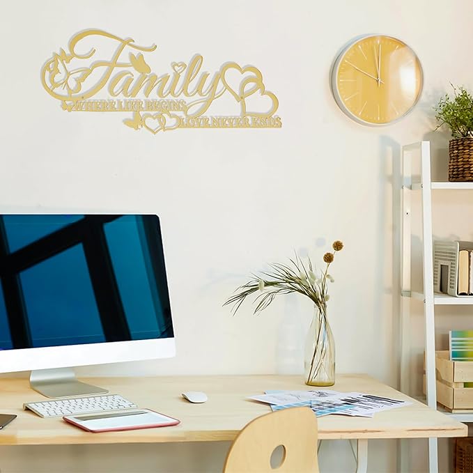 Family Metal Word Sign Wall Art Decor, Where Life Begins Love Never Ends Heart Butterflies Wall Hanging Sculpture, Golden Iron Letters Quotes Home Decor for Living Room Kitchen (Golden)