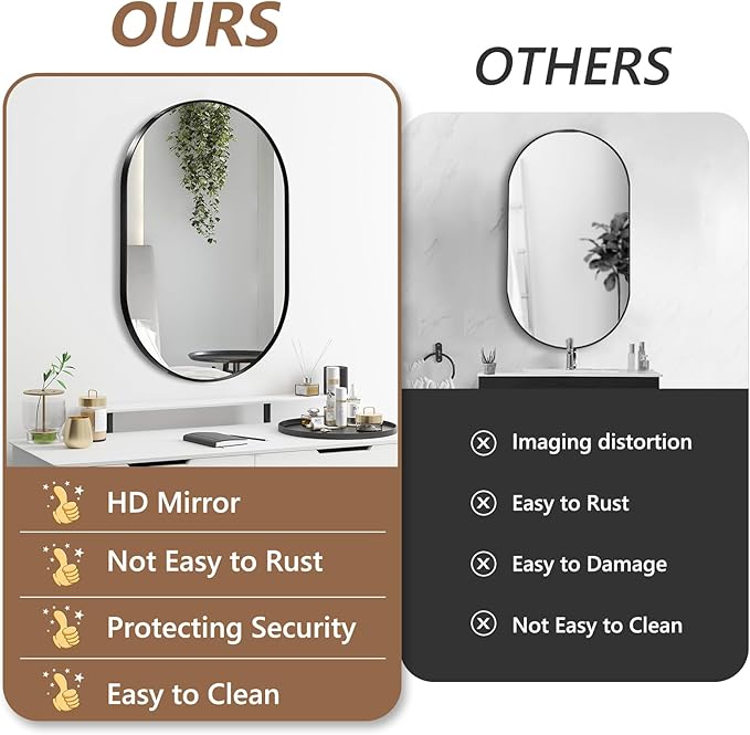 Black Oval Mirror, 17"x30" Oval Bathroom Mirror, Vanity Mirror with Brushed Metal Frame, Wall Mount Mirrors Decor for Bathroom, Bedroom, Entryway, Living Room(Hangs Horizontally or Vertically)