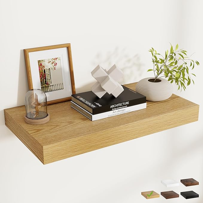 FLYJOE 24 Inch Long Floating Shelves for Wall Set of 1, 12" D Wood Grain Bathroom Shelves with Invisible Brackets, Easy Install Engineered Wood Storage Shelves for Kitchen, Living Room, Bedroom