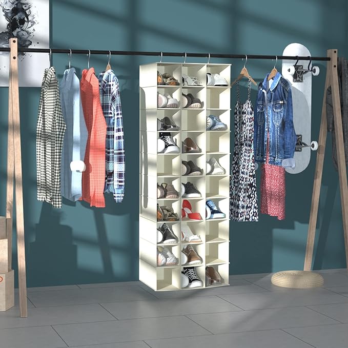 Libeder Hanging Closet Organizers 30 Section Shoe Shelves, Shoe Storage Hanging Shoe Holder, Breathable No-wover Fabric for Shoes, Beige