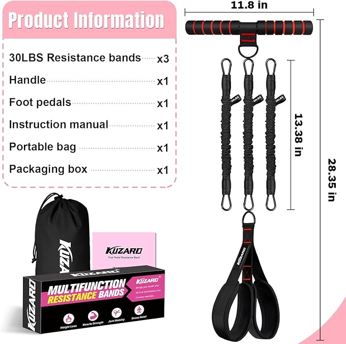 Upgraded Multifunction Pedal Resistance Band with Handle, 3 Tube Adjustable Resistance Bands for Abdomen, Waist, Arm, Core/ABS, Leg Workout - Sit Up Exercise Equipment for Women
