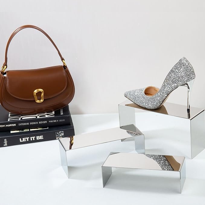 Purse Display Stand, 3 Silver Risers Display Stands Stainless Steel, Heavy Duty Countertop Shoes Stand Handbag Holder Risers for Home Boutique Retail Store Vendor Display Bags Perfume Jewelry (RCS 50% Recycled Post-consumer Metal)