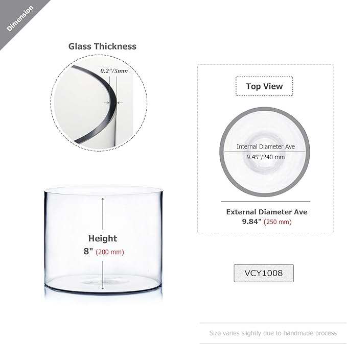 WGV Cylinder Vase, Width 10", Height 8", Clear Wide Large Diameter Flower Glassware, Floral Container, Planter Terrarium for Wedding Party Event, Home Accent Decor, 1 Piece