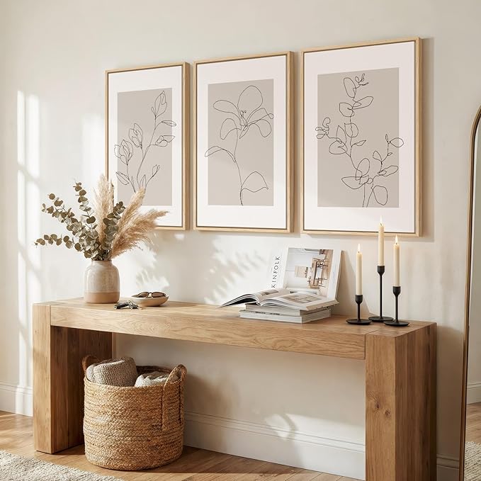 Framed Neutral Botanical Wall Art, 3 Piece Minimalist Contemporary Floral Canvas Prints Paintings, Modern Boho Beige Flower Line Pictures for Living Room Bedroom Office Dining Room Wall Decor 16x24 In