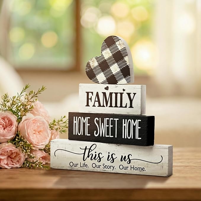 Smile 4 Pcs Family Wooden Tabletop Decor Home Sweet Home Tiered Tray Decoration, Rustic Retro Neutral Wood Heart-Shaped Block Sign, Suitable for Home Shelves Fireplace Mantels