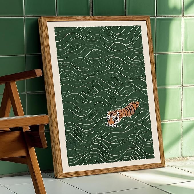 Framed Japanese Tiger Wall Art, Vintage Tiger Swimming Pictures Wall Decor, Funny Wild Animal Paintings Canvas Prints Eclectic Home Decor for Living Room Bedroom Bathroom 16x24 inch