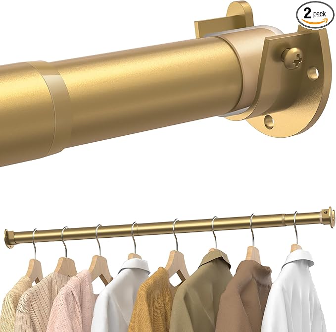 2 Pack Closet Rods for Hanging Clothes, 17 to 54 Inches Stepless Adjustable Metal Closet Rod, 1.3 Inches Heavy Duty Clothes Hanging Rod for Closet Wardrobes Laundry RV, Golden