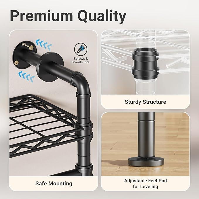 Timate F4 Wall Mounted Clothes Rack Industrial Pipe Clothing Rack for Hanging Clothes, Expandable Garment Rack Heavy Duty Wardrobe Closet Organizer and Storage, Black Adjustable Industrial Closet Kit