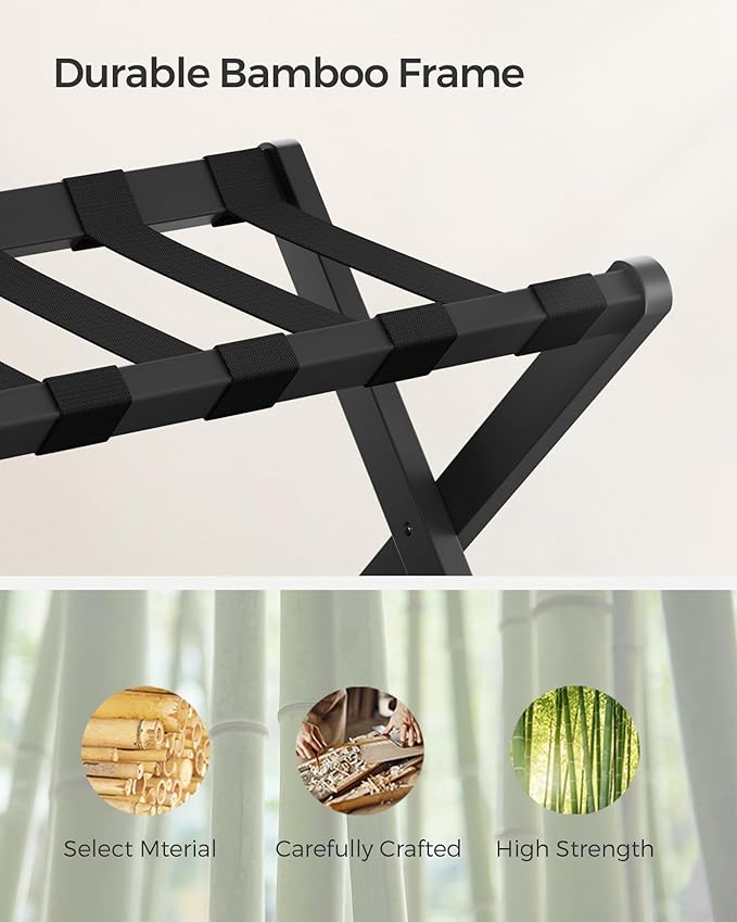 SONGMICS Luggage Rack, Folding Suitcase Stand with Storage Shelf, for Guest Room, Hotel, Bedroom, Heavy-Duty, Holds up to 131 lb, Classic Black URLR007B01