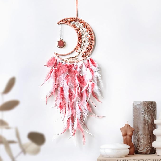 Moon Dream Catchers with Chakra Gemstone Agate Stone, Crystal Tree Life Dream Catchers Wall Hangings Room Decor (Red)