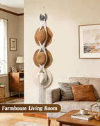 Macrame Wall Hat Rack Boho Hat Organizer Wall Mount with Cast Iron Horsehead Hanger Western Hat Holder for Women Wide Brimmed Fedora Straw Cowboy Hats Storage Back of Door Decorative Display