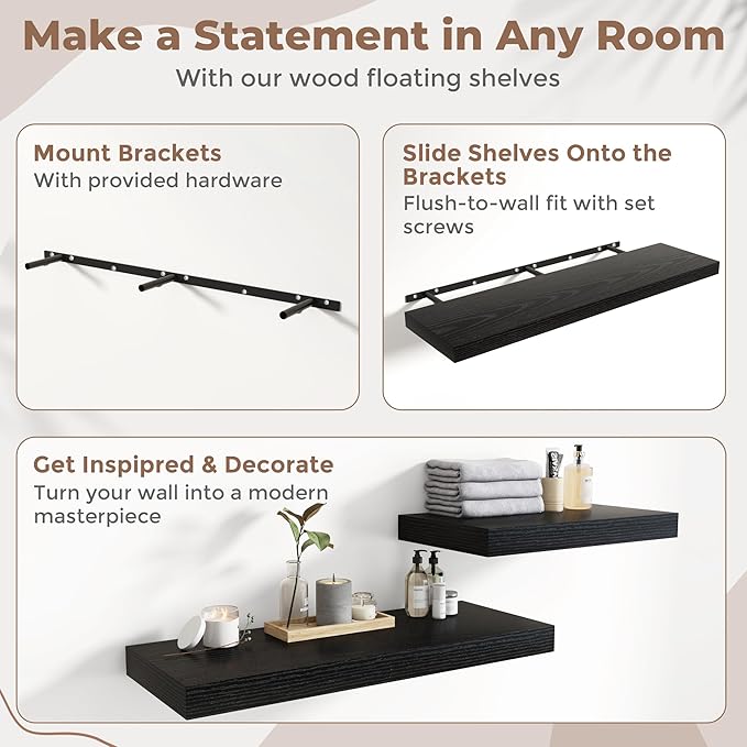 55 Inch Long Floating Shelves for Wall Set of 2, 12"D Wood Grain Bathroom Shelves with Invisible Brackets, Easy Install Engineered Wood Storage Shelves for Kitchen, Living Room, Bedroom, Black Finish