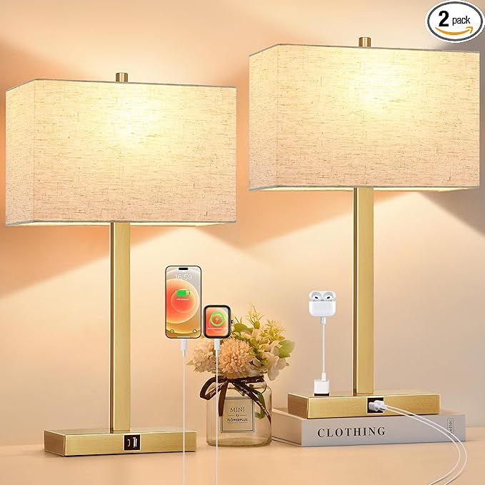 Lynnoland 21" Set of 2 Table lamp with USB A+C & AC Outlets, Touch Control 3-Way Dimmable Nightstand Lamps for Living Room Bedroom Office Reading, Linen Shade Touch Lamps, 3000K LED Bulbs Included