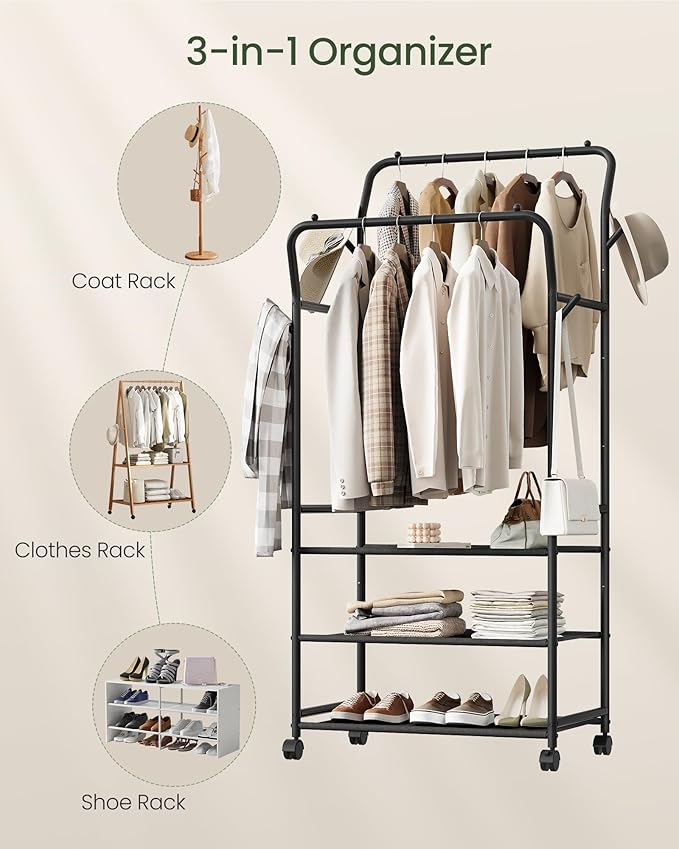 Clothes Racks for Hanging Clothes, Rolling Garment Rack, Clothing Rack with Wheels and Hooks, Double Rod Clothes Rack with Shelves, for Bedroom, Living Room, Laundry Room Black TYM07BB