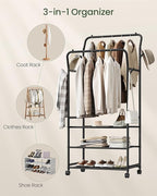 Clothes Racks for Hanging Clothes, Rolling Garment Rack, Clothing Rack with Wheels and Hooks, Double Rod Clothes Rack with Shelves, for Bedroom, Living Room, Laundry Room Black TYM07BB