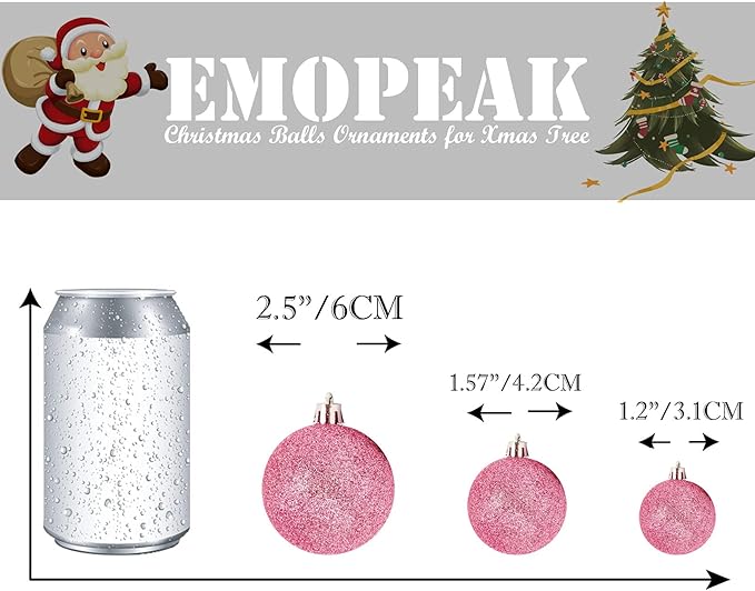 Emopeak 24Pcs Christmas Balls Ornaments for Xmas Christmas Tree - 4 Style Shatterproof Christmas Tree Decorations Hanging Ball for Holiday Wedding Party Decoration (Pink, 1.3"/3.2CM)