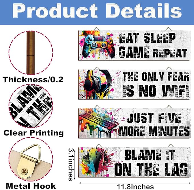 Hatzelou 4Pcs Game Room Hanging Decor Sign, Watercolor Game Wall Wooden Sign, Game Room Accessories Hanging Sign, Gamer Hanging Plaques for Teen Room Bedroom Playroom Decorations, black