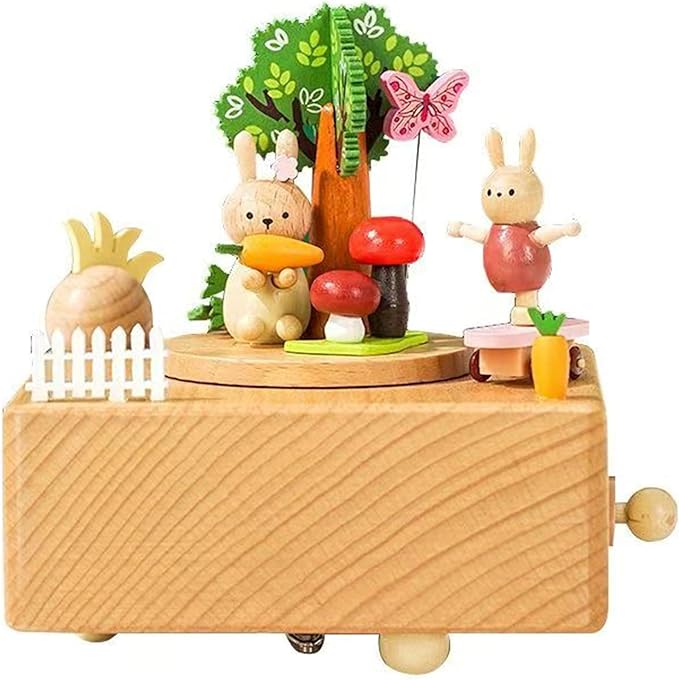 Natural Solid Wood Handcrafted Beech Wooden, Musical FigureTotoro/Carousel/Fairy/Ballerina Figurine,Rotating Hand Crank Mechanism Music Box,Musical Decorations (Snowboard and Rabbit)