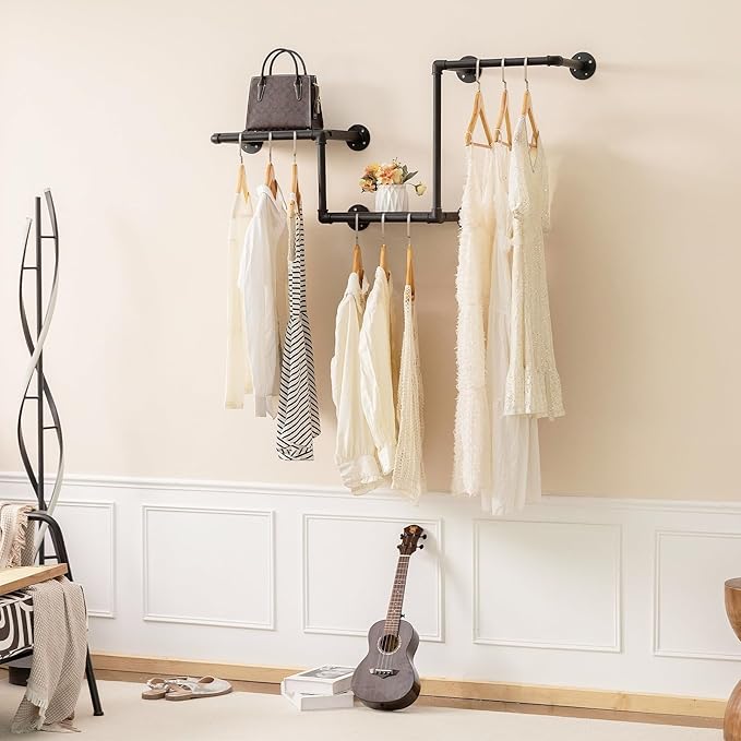 Industrial Pipe Clothing Rack with 2 Floating Shelves, 3 Hanging Rods Wall Mounted Garment Rack, Heavy Duty Iron Clothes Bar, Space-Saving Clothing Hanging Rails for Closet (3 hanging rods 2 shelves)