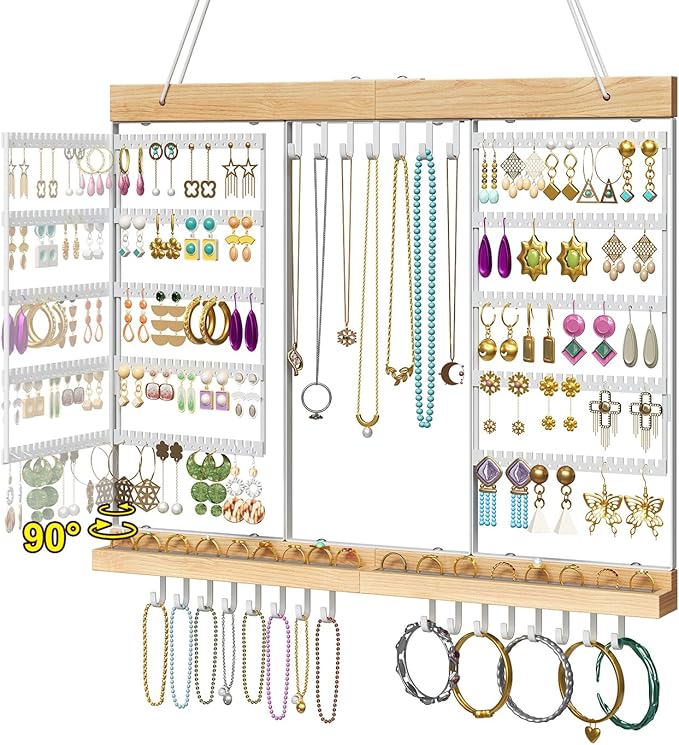 Large Rotating Hanging Jewelry Organizer, 5-Tier Wall Mounted Earring Holder for 180 Pairs, Jewelry Rack for Earrings, Necklaces, Bracelets & Rings, Necklaces, Bracelets & Rings, for Girls, White