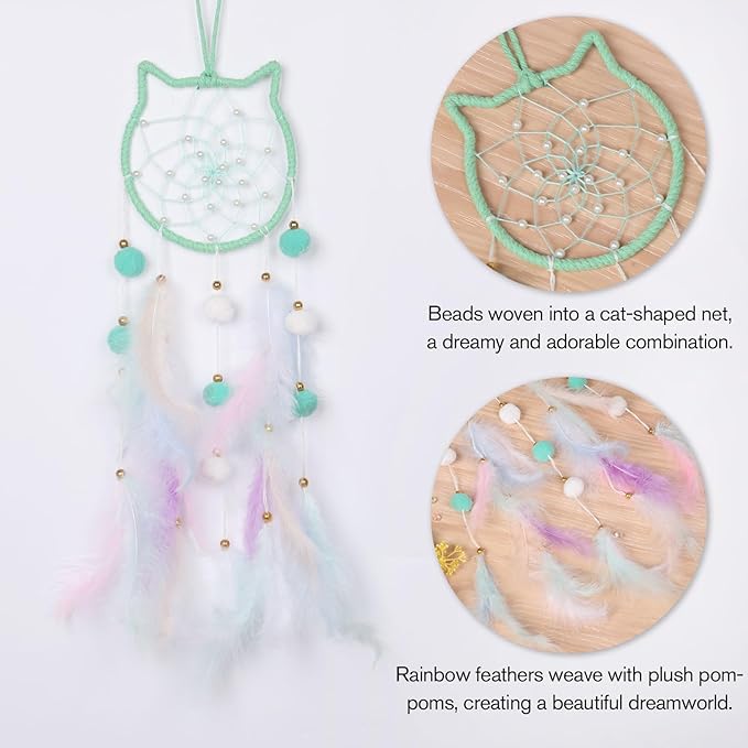 Pretty Jolly Green Cat Kids Dream Catcher Wall Decor Pompom Feather Baby Dreamcatcher Handmade Children Dream Catcher Home Décor Wall Hanging for Nursery Bedroom Boys Girls Birthday Gift-25.6in