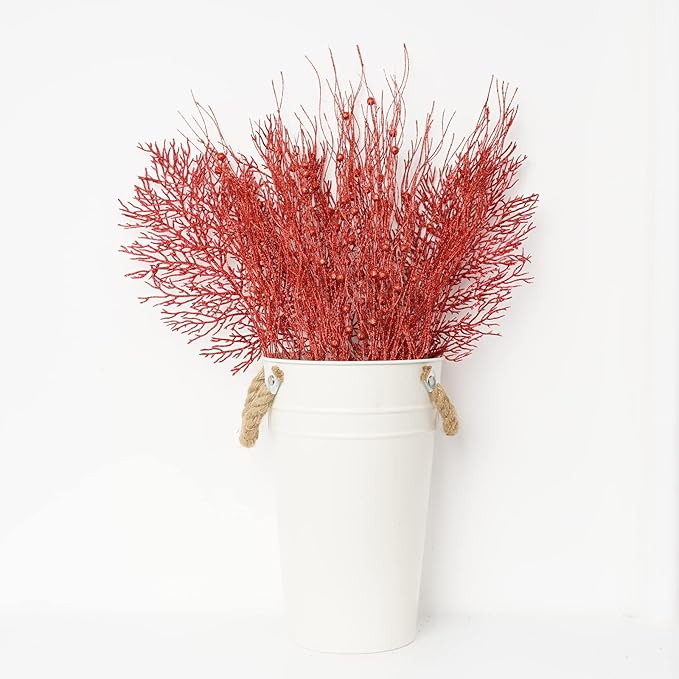 SLK 16-Pack Artificial Glitter Berry Stem Ornaments, Christmas Decorative Glittery Twigs, Picks, Branches for Tree, Wreath, Small Vase, Party (Red)
