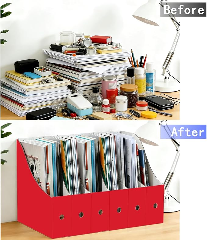 Limitliho Magazine File Folder Holder for Desk, Book Bins for Classroom Library,Office,Home, 10.6" H x 10.2" L x 3.5" W in Cardboard Paper Organizer (Red, 2 Pack)