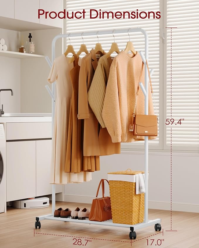 Clothes Rack - Metal Coat Rack with Bottom Shelf, Portable Wardrobe Rack with 6 Side Rods, Rolling Clothing Rack for Hanging Clothes for Bedroom or Laundry Room (White, 28.7 x 17 x 59.4)