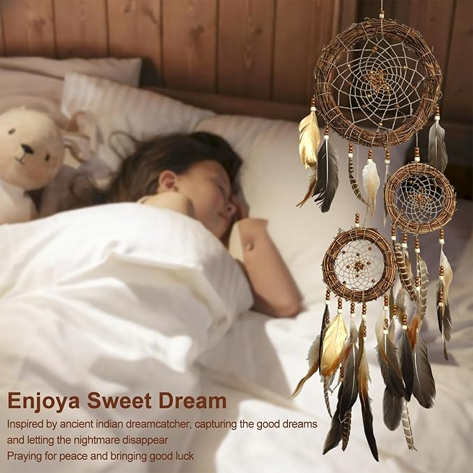 Dream Catcher Native American Boho Dreamcatcher Rattan Wall Decor, Handmade Natural Goose Feathers Large Dream Catchers Hanging Ornament Indian Decor for Bedroom Living Room (Dark Brown Mix)