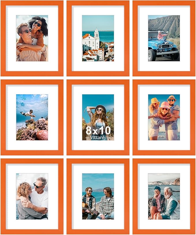 Vittanly 8x10 Picture Frames Set of 9, Shatter Resistant Plexiglass, Display 5x7 Pictures with Mat or 8x10 without Mat, Photo Frames for Wall or Tabletop, Engineered Wood, Orange