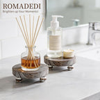 Romadedi Farmhouse Wood Riser for Display - Set of 2 Rustic Decor Mini Wooden Pedestal Stand Decorative Round Tray for Home Table Bathroom Counter Shelf Kitchen, Whitewashed
