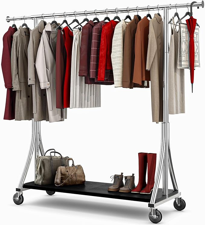MAXLEAD Clothes Rack, Clothing Rack with Wood Shelves 500 LBS Heavy Duty Garment Rack for Hanging Clothes Portable Closet Sturdy Coat Rack for Bedroom, Living Room, Laundry, Balcony, Silver