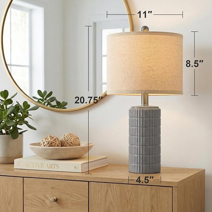 PoKat 20.75'' Ceramic Small Table Lamps for Bedroom, Modern Dark Gray Bedside Lamps Set of 2, Farmhouse Lamps for Living Room with Linen Lampshade for Night Stands Guest Room Side End Table Console