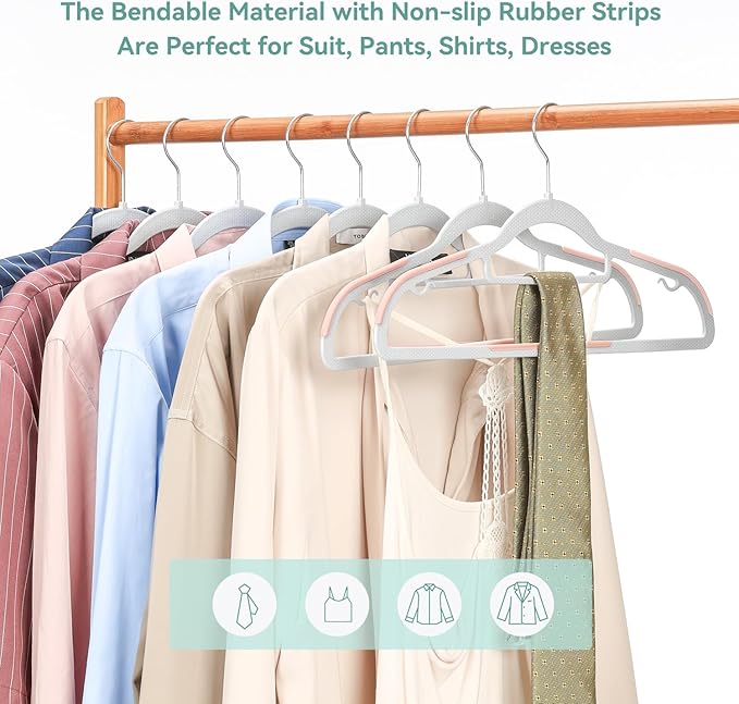 Pack of 50 Coat Hangers, Space-Saving Plastic Clothes Hangers, Non-Slip, 0.2 Inches Slim, 360° Swivel Silver Hook for Shirts, Pants, Suit & Wet/Dry Garments, Pink and Dark Gray