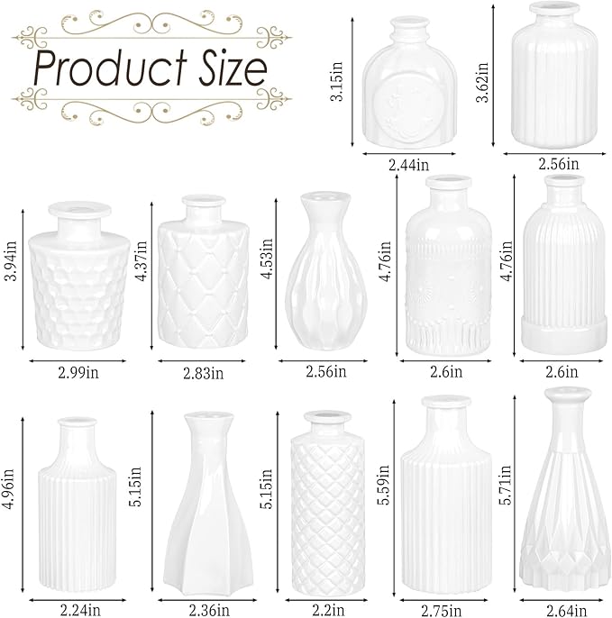 White Glass Bud Vases Set of 12, Small Vases for Flowers, Mini Flower Vases in Bulk for Wedding Decoration, Vintage Vase for Baby Shower Centerpieces, Home Décor