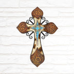 AMAJY Rustic Western Style Cowhide Faux Tooled Leather Wall Cross with Turqoise Center Piece and Floral Embossed Design Spiritual Wall art Southwest Decor