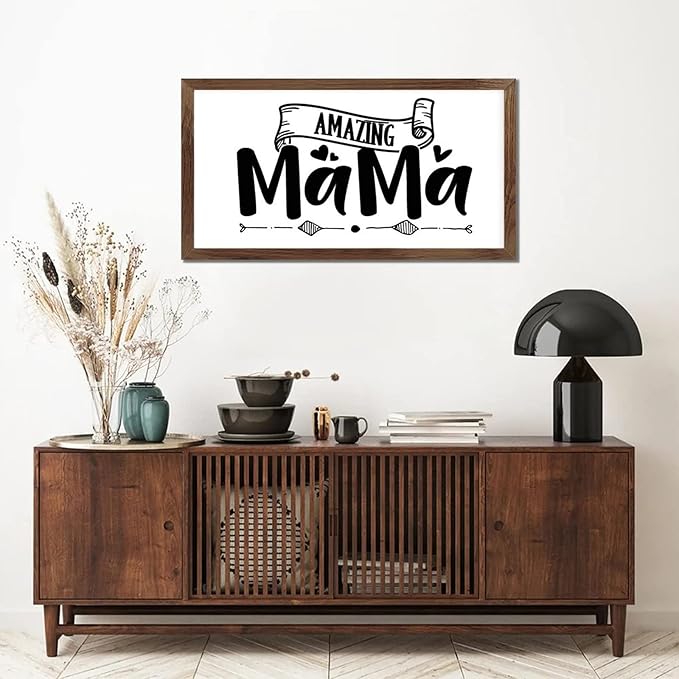 Family Lettering 12x22in Wood Sign with Positive Quotes Amazing Mama Apricot Frame Wooden Plaque Birthday Housewarming Gift for Cottage Shelf Garden Yard Farmhouse Porch Cafe Bar Wall Decor