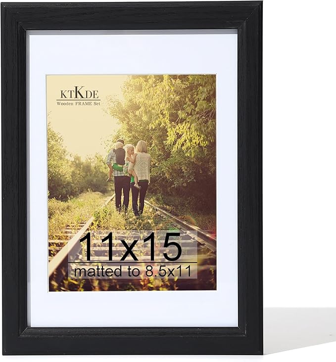 KTKDE 11x15 Picture Frame,Display Pictures 8.5x11 with Mat or 11x15 Without, Tempered Glass,15 by 11 Black Wooden Frame Wall Gallery Poster Frame best gift