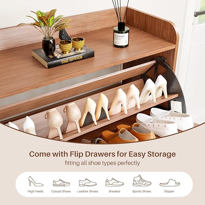 Shoe Storage Cabinet with 2 Flip Drawers, Entryway Shoe Cabinet with 2 Metal Hooks & Adjustable Shelves Freestanding Shoe Organizer Narrow Shoe Rack for Entrance Hallway Foyer Front Door,Walnut