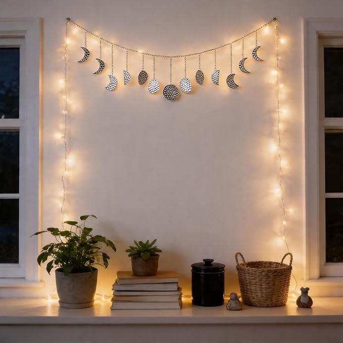Boho Moon Phase Wall Hanging, Silver Hammered Metal LED Celestial Garland for Bedroom Witchy Home Christmas Decor