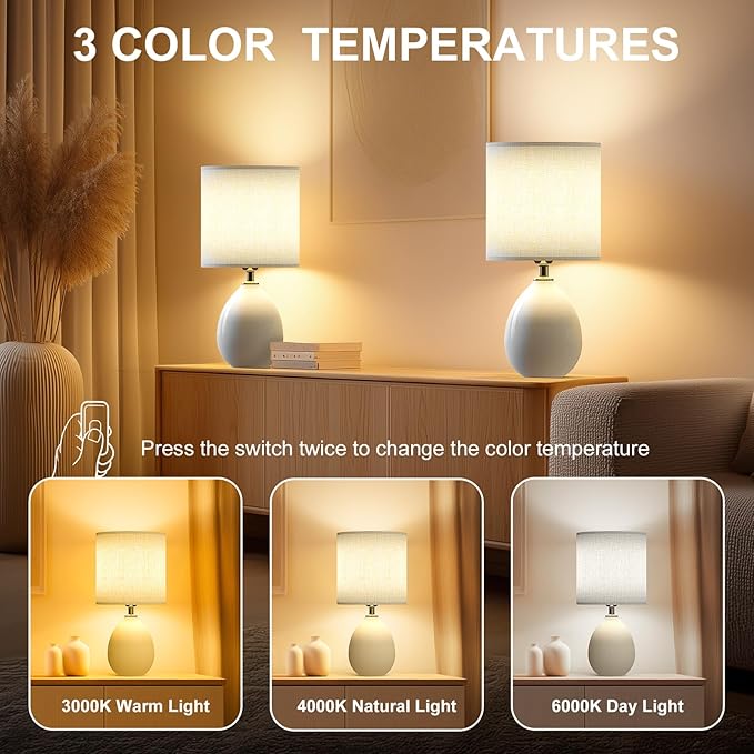 Dawnwake 18.5" Table Lamps Set of 2 for Living Room Bedroom, Bedside Lamps for Night Stands, Desk Nightstand Lamp Dimmable, Modern Linen Cream Ceramic Lamps