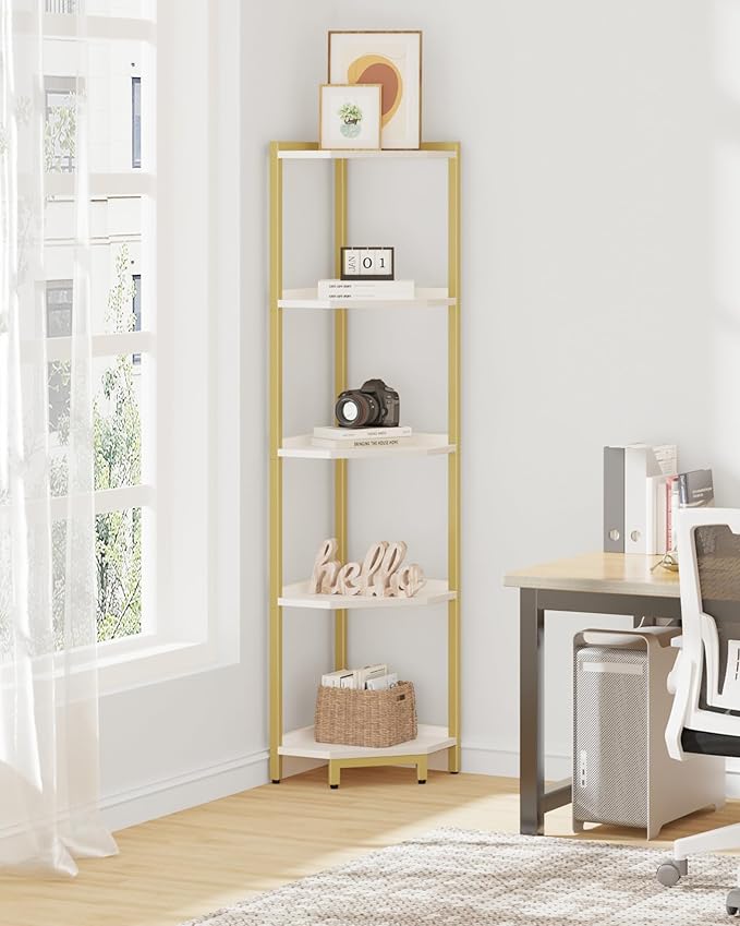 Hzuaneri Corner Shelf Stand, Corner Bookshelf, Storage Standing Shelf Unit with Metal Frame, Plant Stand, Bookcase for Living Room, Home Office, Bedroom, 5-Tier White Gold CS05903A