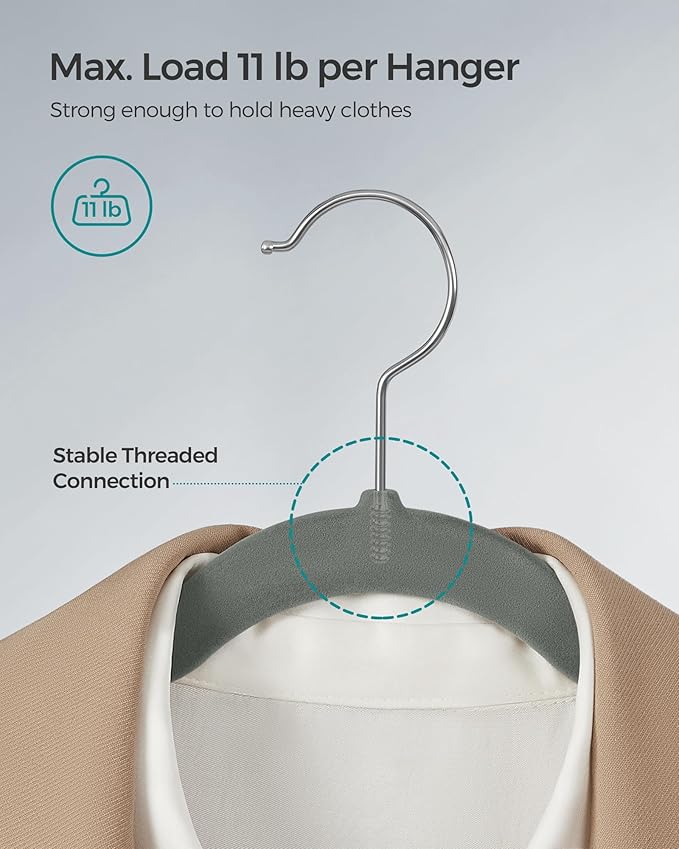 SONGMICS Velvet Hangers 50 Pack, Non-Slip Clothes Hangers, Suit Hangers with Shoulder Notches, Pants Bar, 360° Swivel Hook, Space-Saving, for Closet, Gray UCRF029G05
