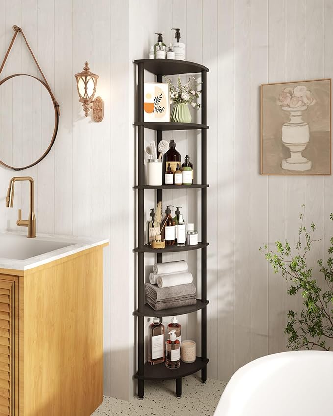 IBUYKE 6 Tier Corner Shelf Stand,Industrial Corner Display Rack,Corner Bookshelf for Living Room, Bedroom, Kitchen, Home Office, Black WBC011B