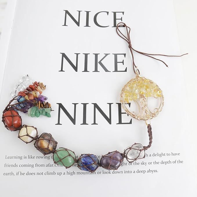 Handmade Crystal Window Car Hanging Ornaments 7 Chakra Home Decoration Feng Shui Ornament Yoga Meditation Car Decoration Tumbled Palm Stones (Style11)