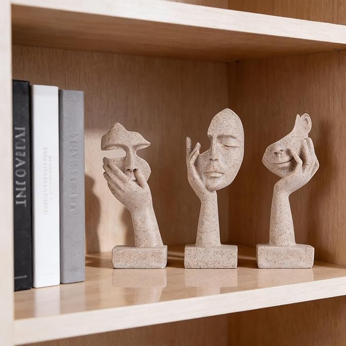 3 Pcs Thinker Small Statue Set - Art Resin Abstract Home Accent Figurines for Decor Woman Apartment Bookshelf Floating Shelf Coffee Table Office Desk Counter Decor (3 Pcs Sandstone, 6")